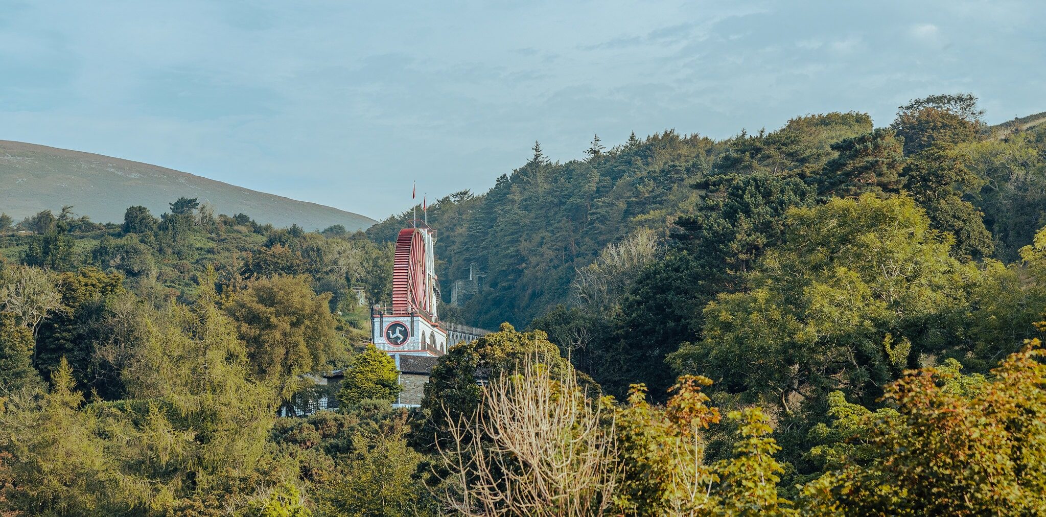 The Great Laxey Wheel in a wooded valley